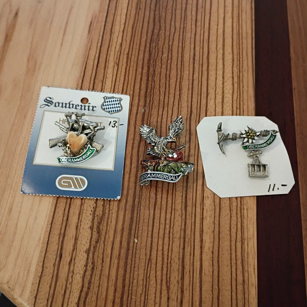 Oberammergau Germany Lapel Pins Lot of 3 Heart, Eagle, Pickaxe Handmade Painted